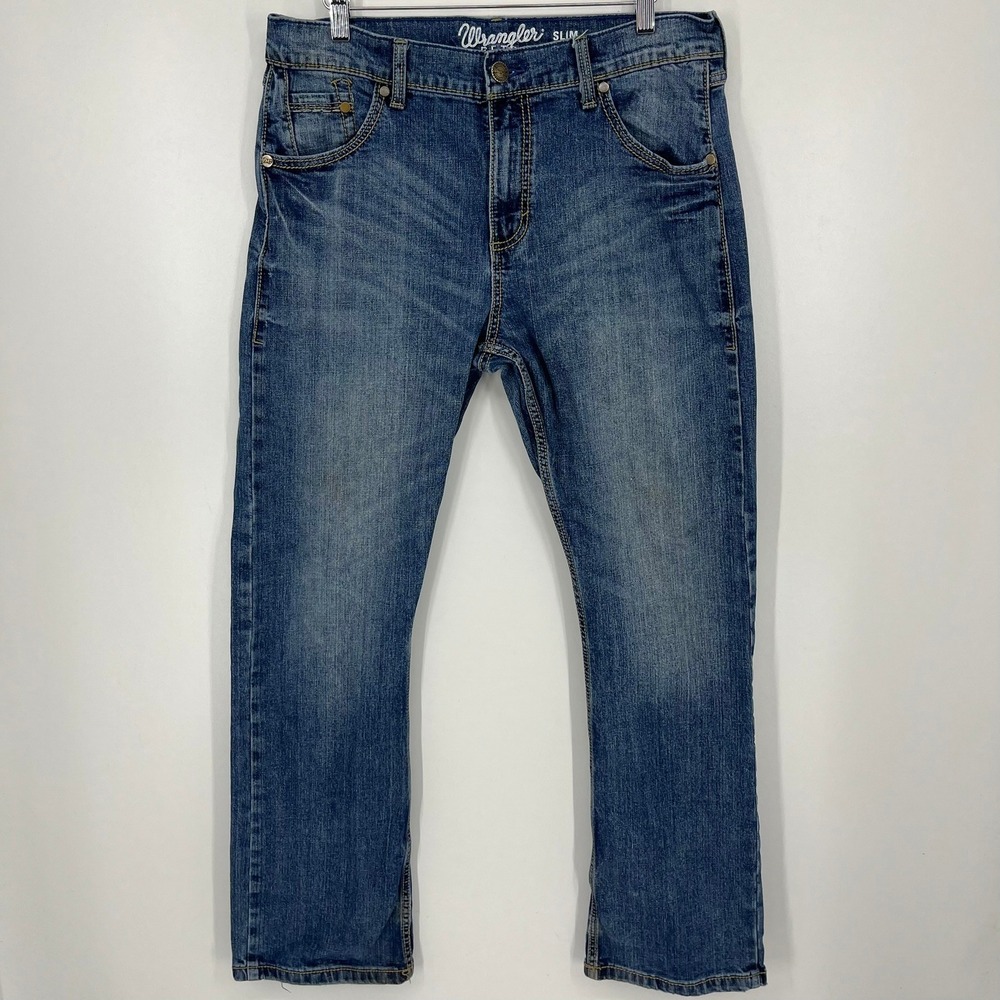 Wrangler Retro Slim Bootcut Mens Jeans Medium Wash Blue Distressed Size 32